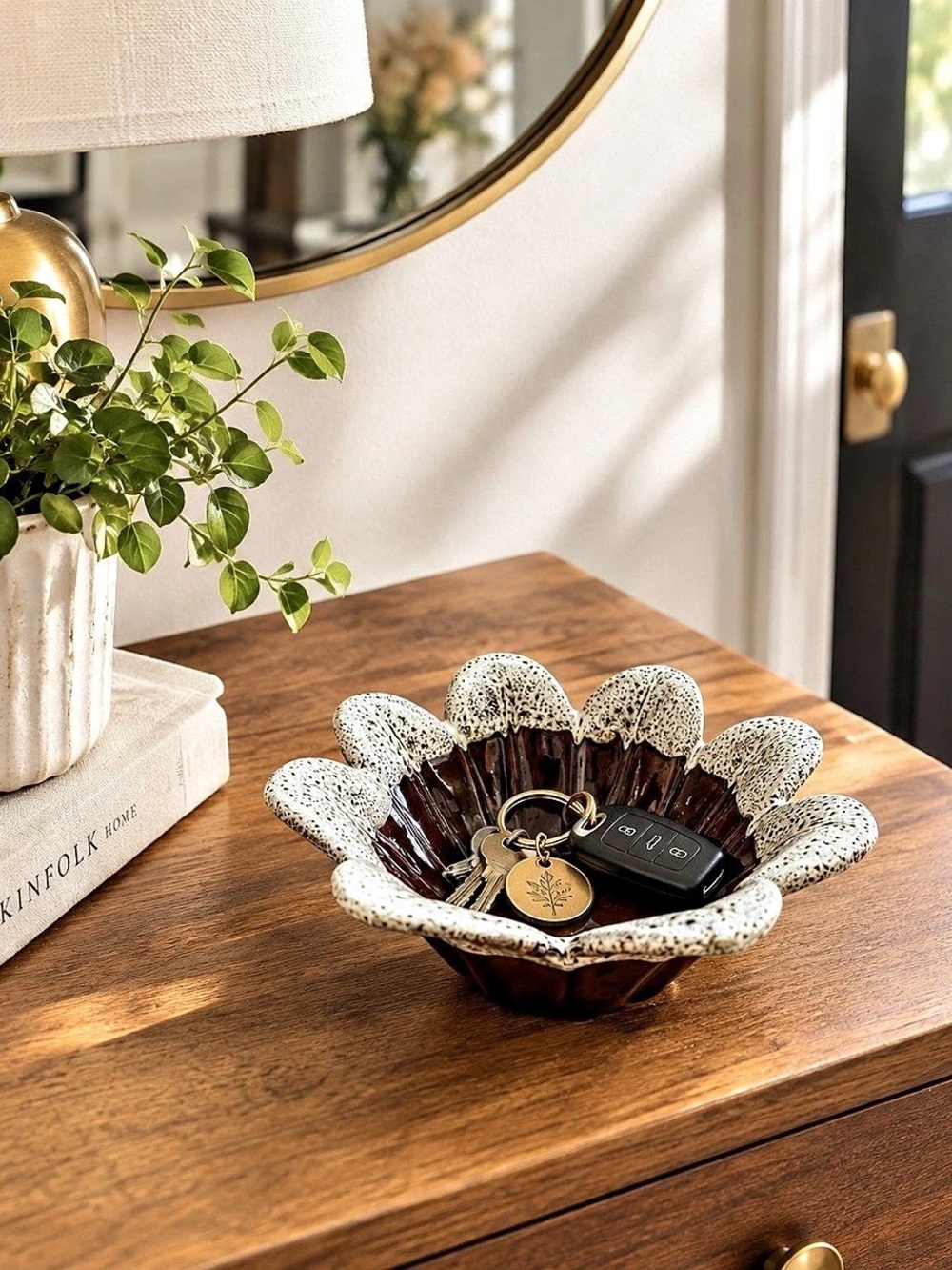 Antique Pottery Flower Bowl Brown & Cream